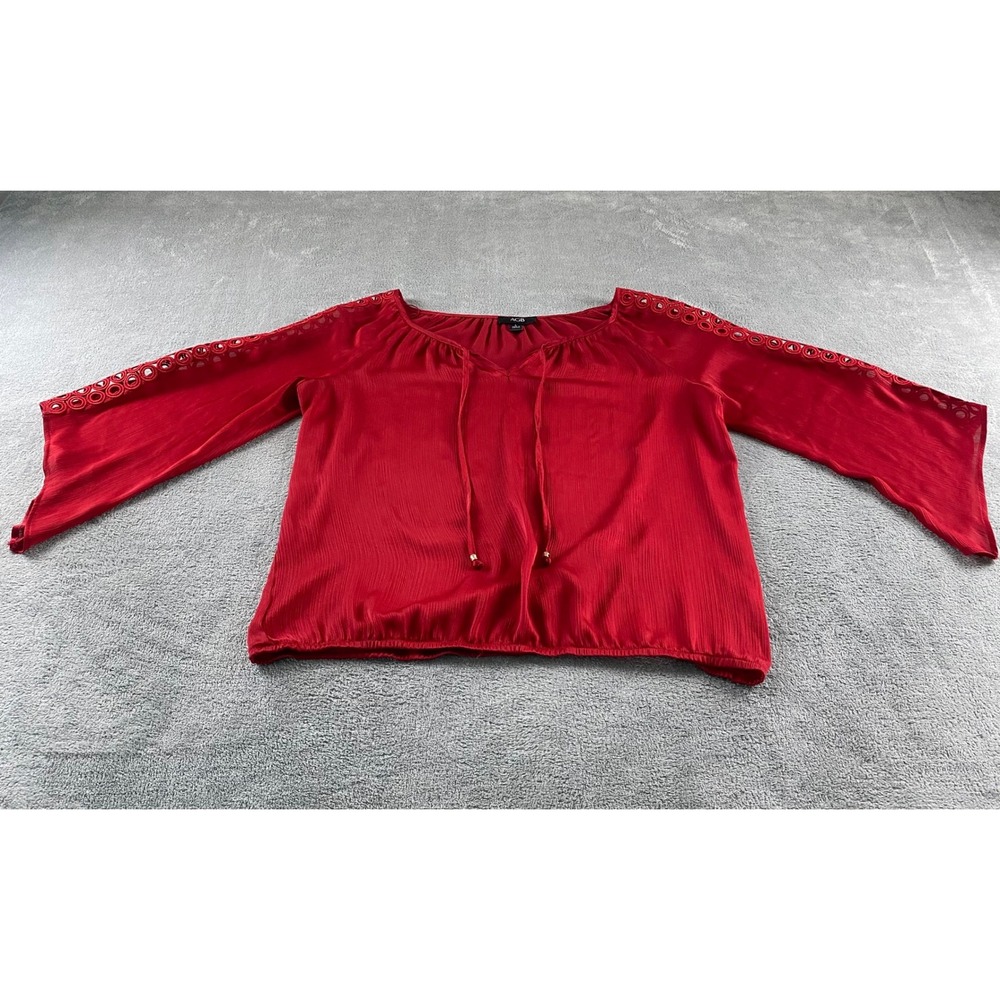 AGB Womens Red Peasant Blouse Crochet Lace Sleeve Split Neck Tie Top Large